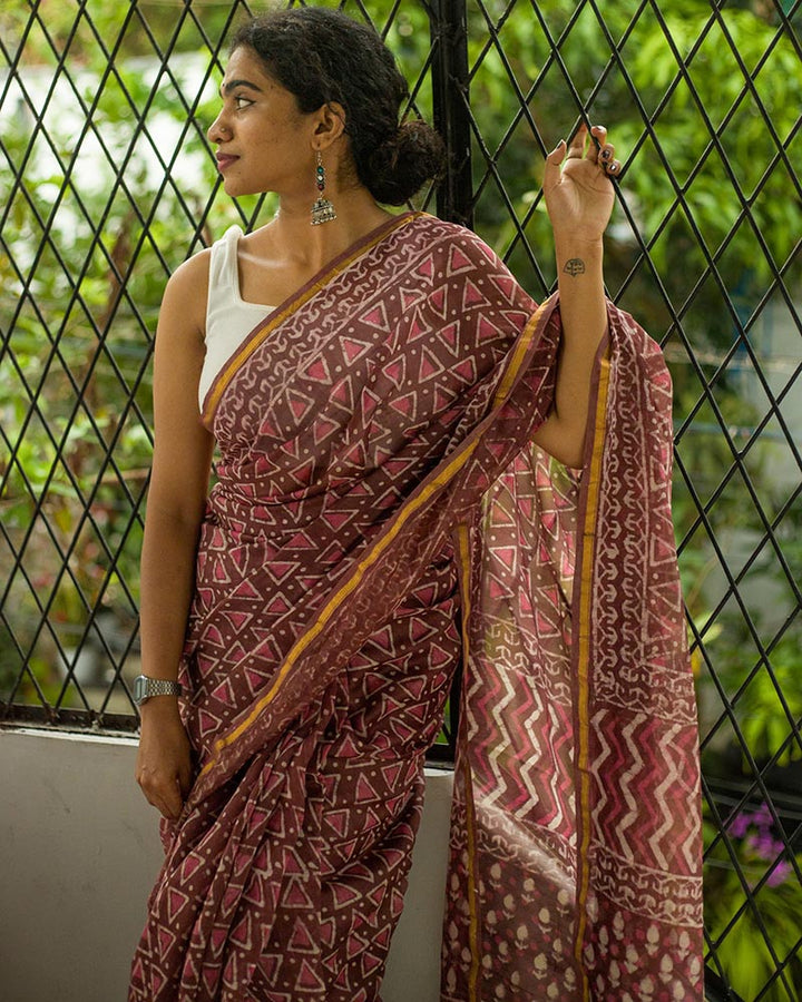 Pink nostalgia - Hand Block Print Chanderi Silk Bagru Saree