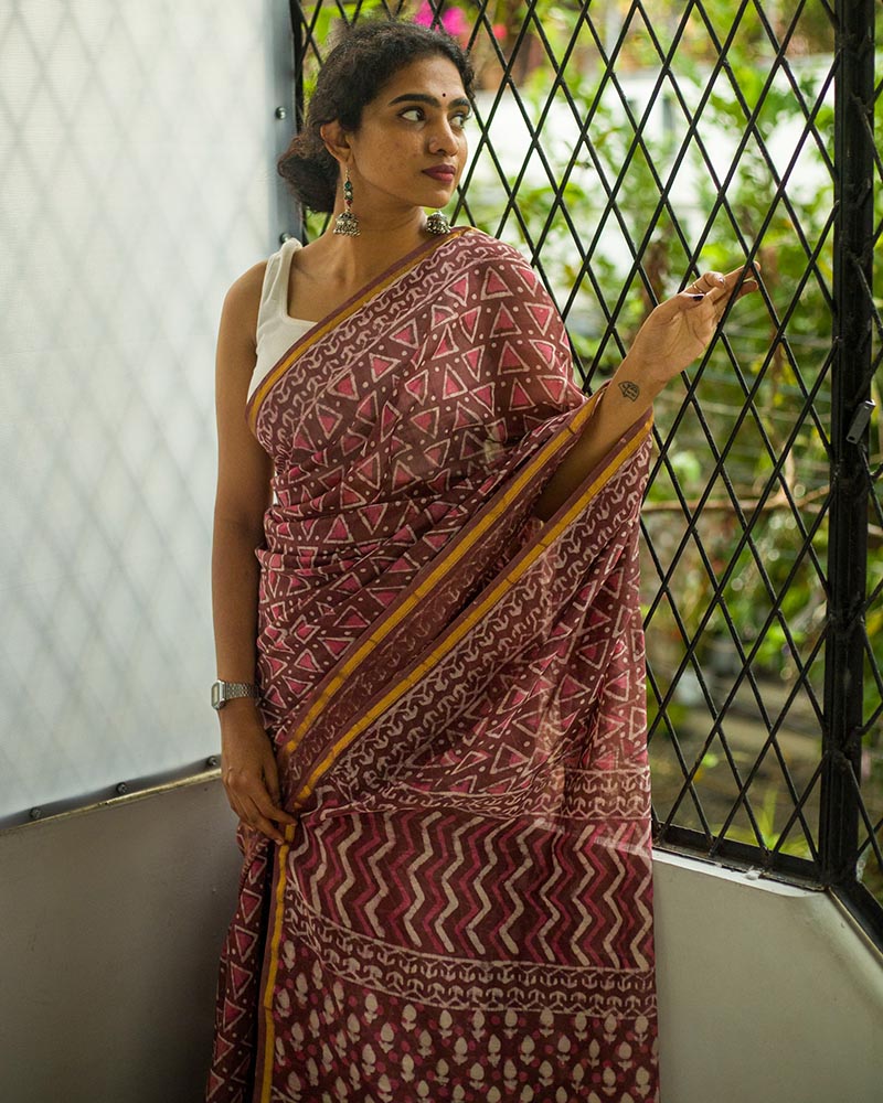 Pink nostalgia - Hand Block Print Chanderi Silk Bagru Saree