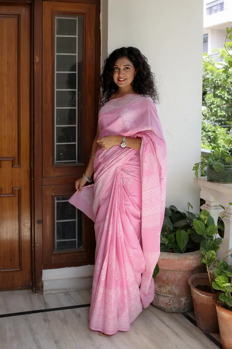 Pink Peony - Hand Block Print Mulmul Cotton Bagru Saree