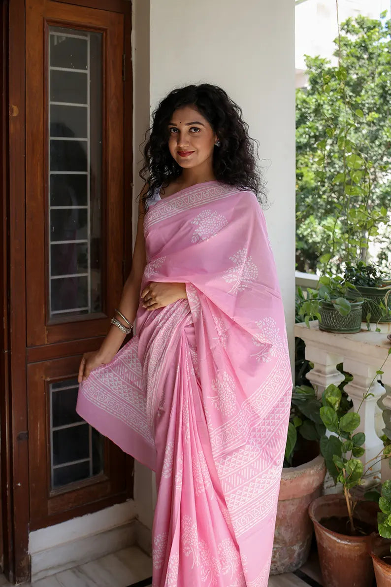 Pink Peony - Hand Block Print Mulmul Cotton Bagru Saree