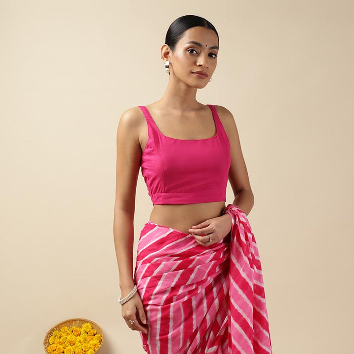 Pink Cotton Sleeveless Readymade Blouse with U neck