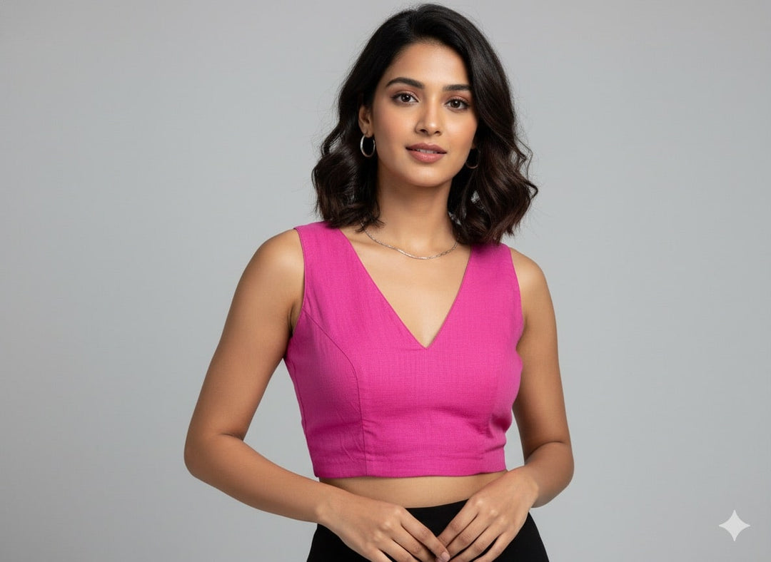 Pink Cotton V neck Readymade Sleeveless Blouse