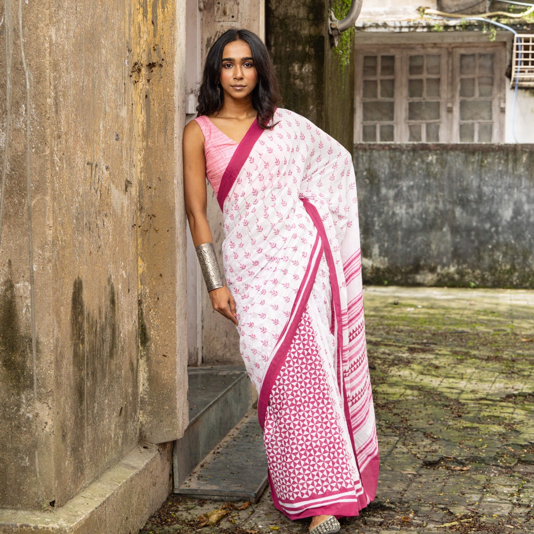 Pink Alley - Mul Cotton Hand Block Printed Saree