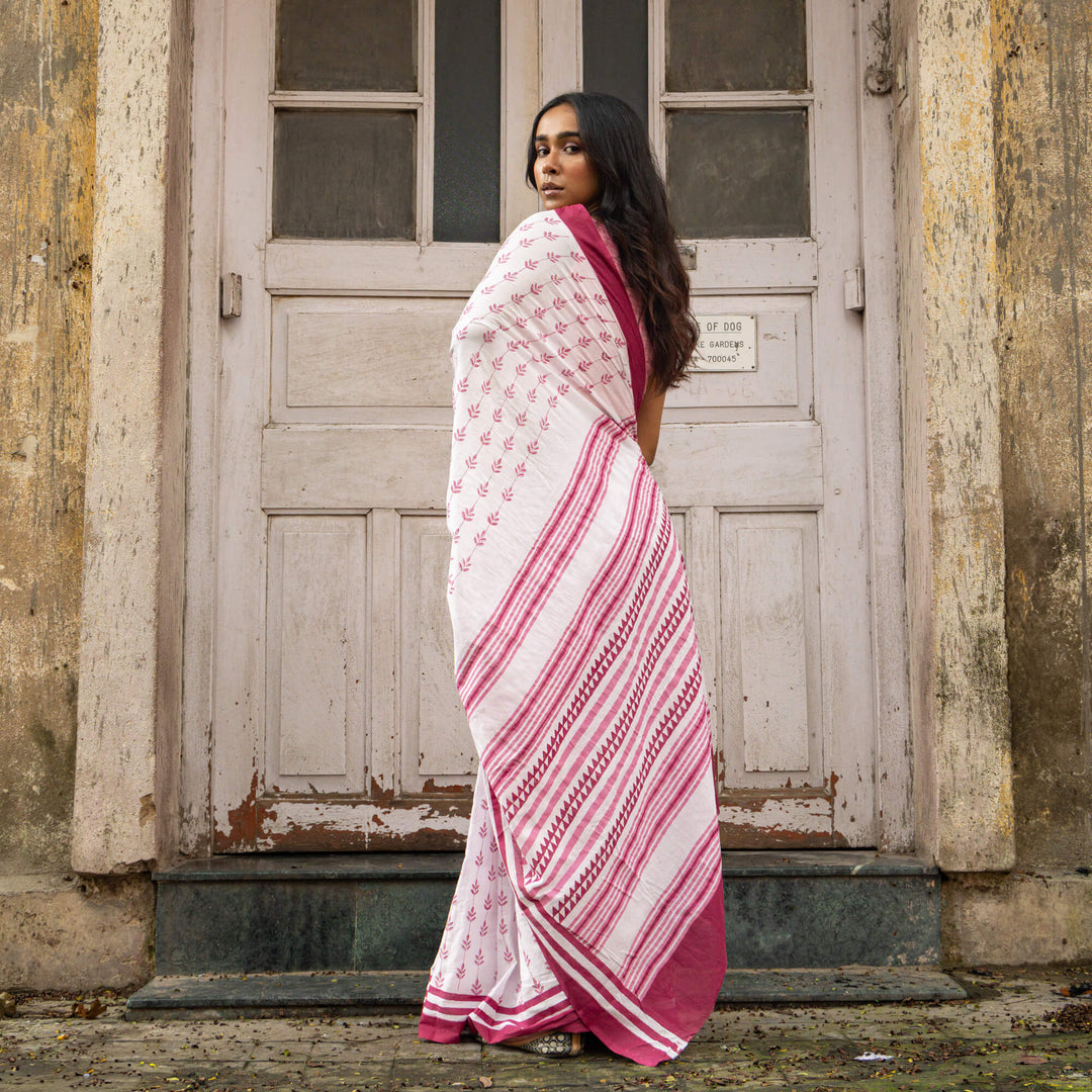 Pink Alley - Mul Cotton Hand Block Printed Saree