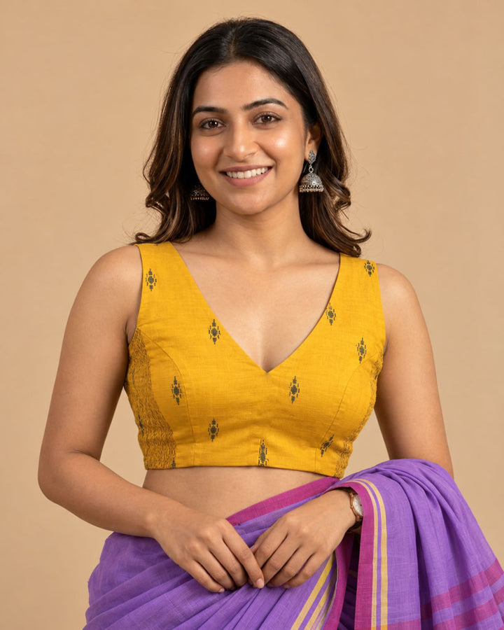 2-in-1 Reversible Stretchable V-Neck Sleeveless Art Silk & Cotton Blouse - Pink & Mustard