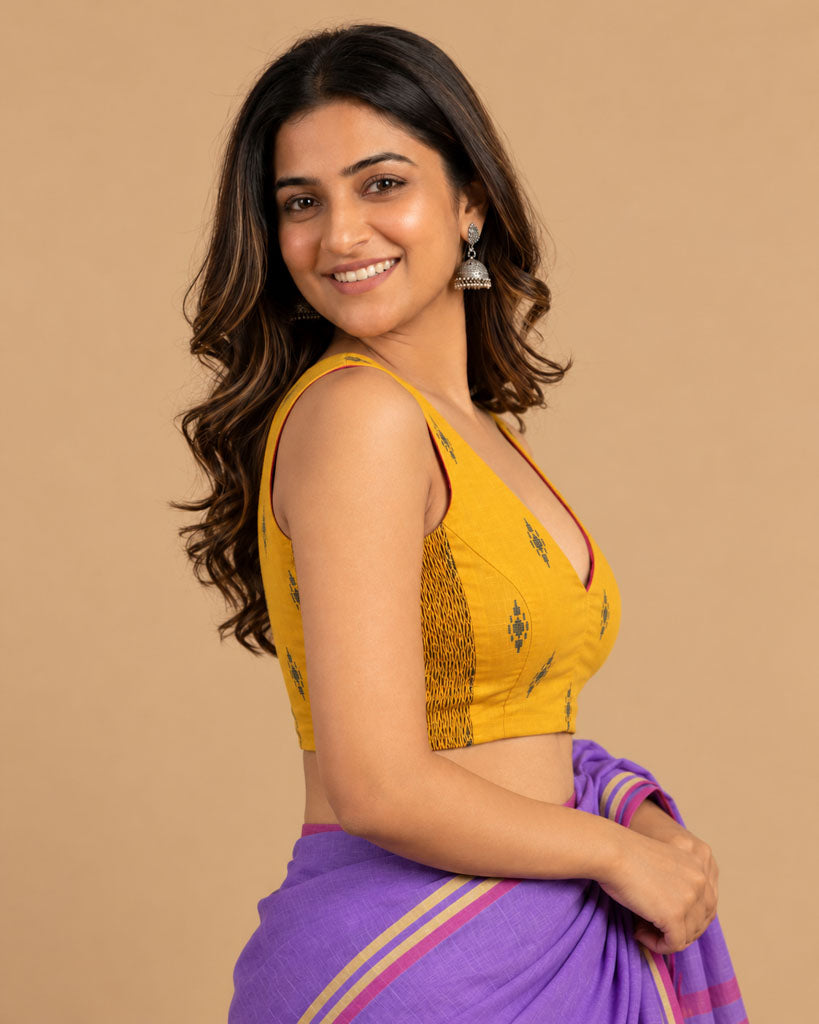 2-in-1 Reversible Stretchable V-Neck Sleeveless Art Silk & Cotton Blouse - Pink & Mustard