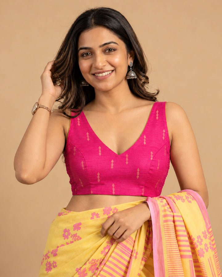 2-in-1 Reversible Stretchable V-Neck Sleeveless Art Silk & Cotton Blouse - Pink & Mustard