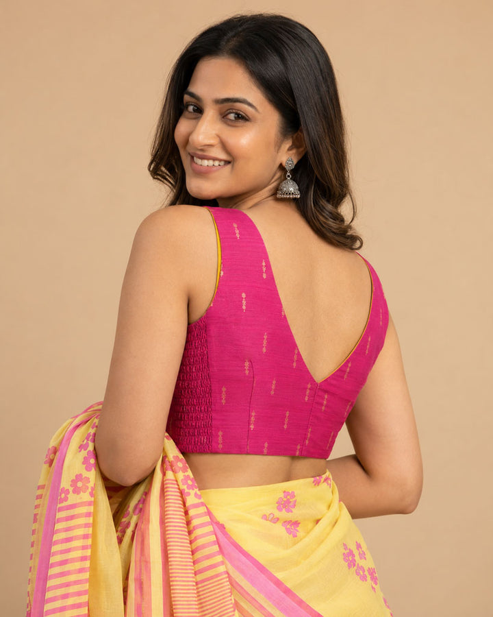 2-in-1 Reversible Stretchable V-Neck Sleeveless Art Silk & Cotton Blouse - Pink & Mustard