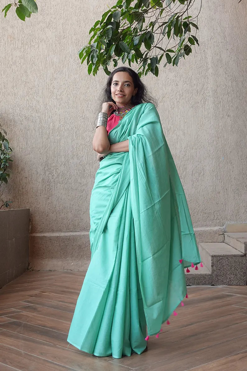 Waking up in Panjim - Sea Green Mulmul Cotton Saree with Tassels