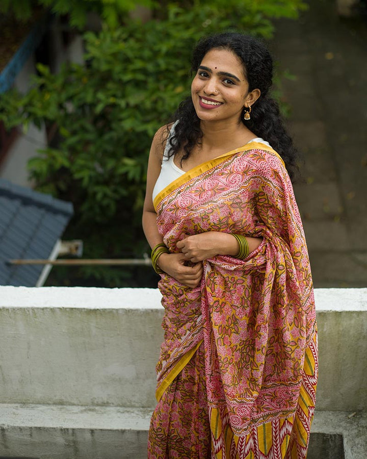 Pond of Daffodils - Hand Block Print Chanderi Silk Saree