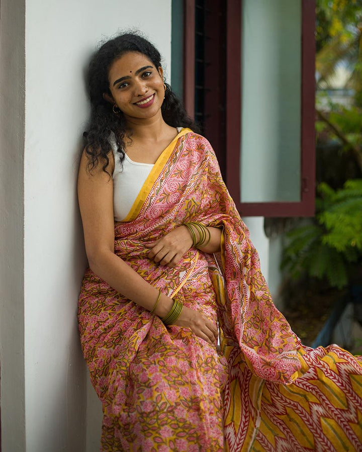 Pond of Daffodils - Hand Block Print Chanderi Silk Saree