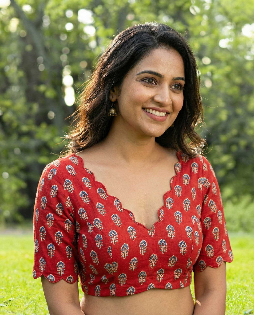 Almost Friday Blue Cotton V neck Scallop Blouse