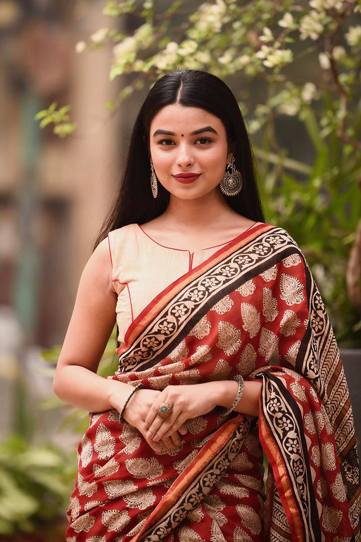 Radiant Red - Hand Block Print Chanderi Silk Bagru Saree