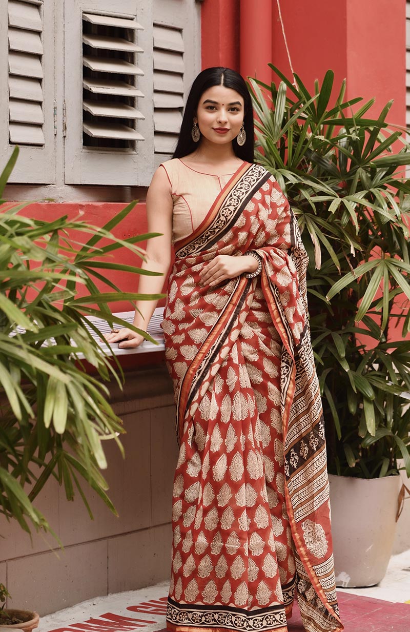 Radiant Red - Hand Block Print Chanderi Silk Bagru Saree