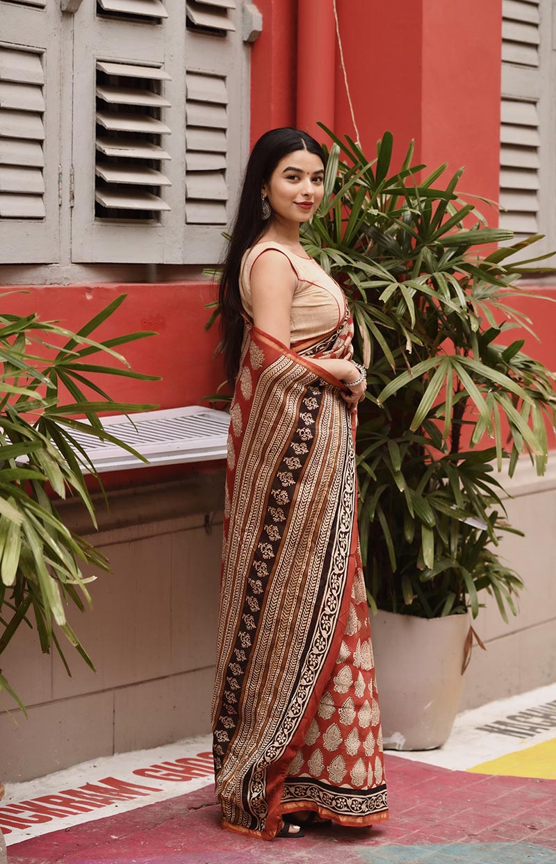 Radiant Red - Hand Block Print Chanderi Silk Bagru Saree