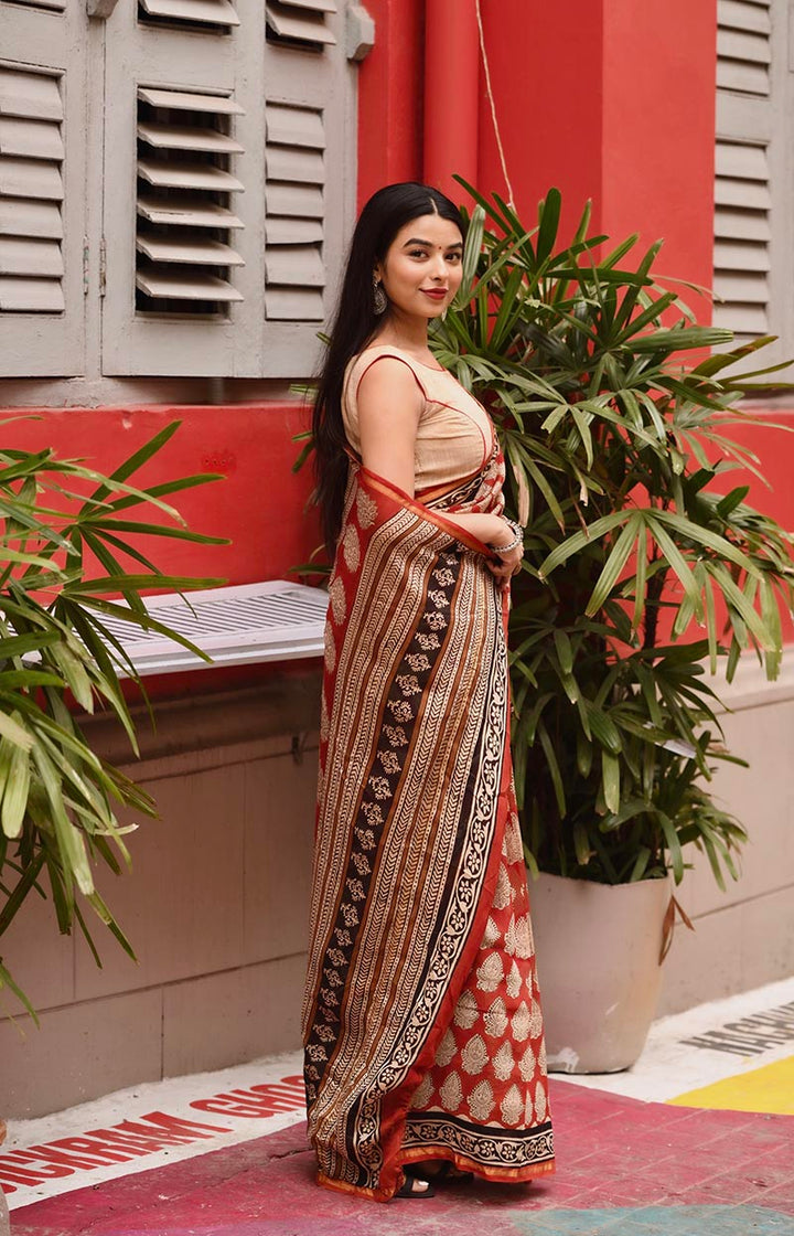 Radiant Red - Hand Block Print Chanderi Silk Bagru Saree