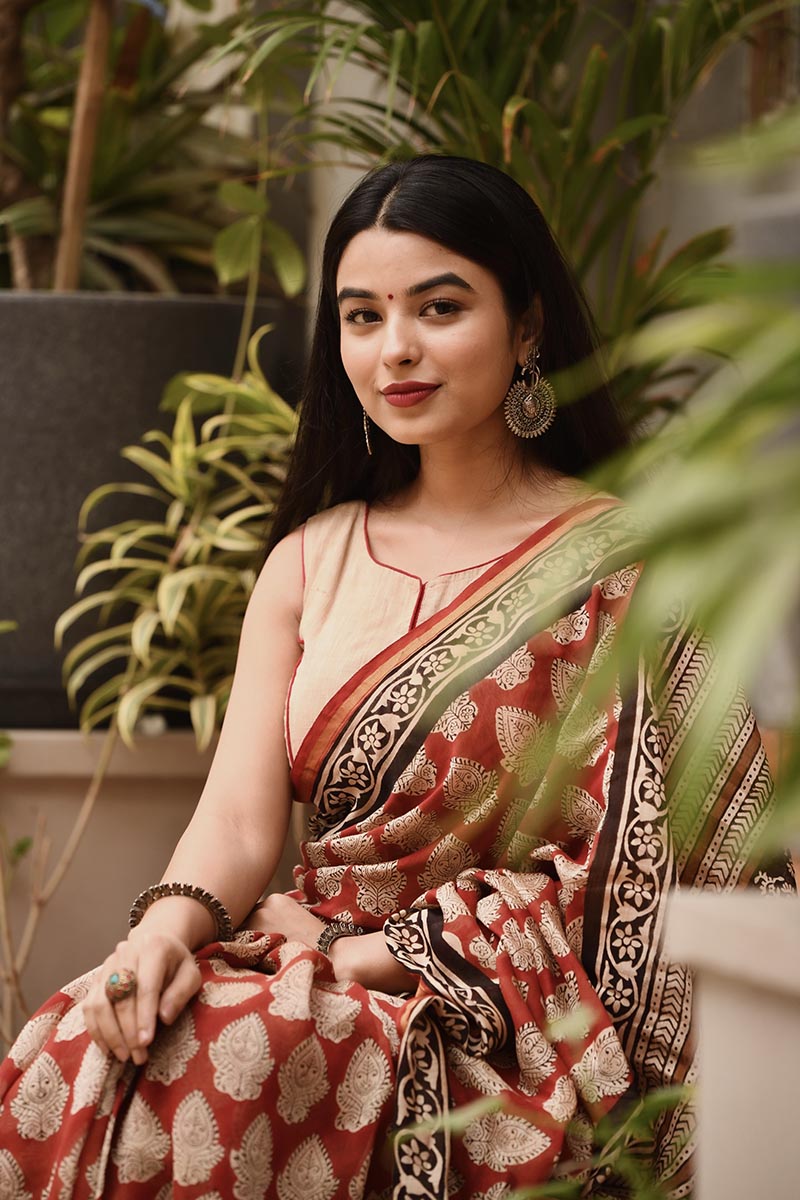 Radiant Red - Hand Block Print Chanderi Silk Bagru Saree