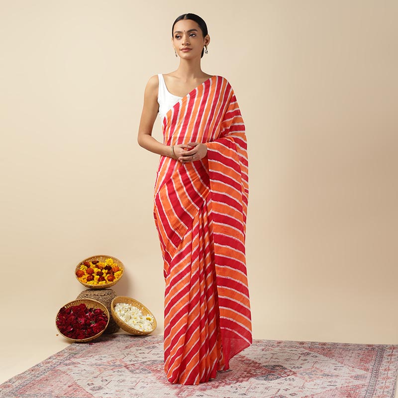 Red Paprika Leheriya Tie-dye Mulmul Cotton saree