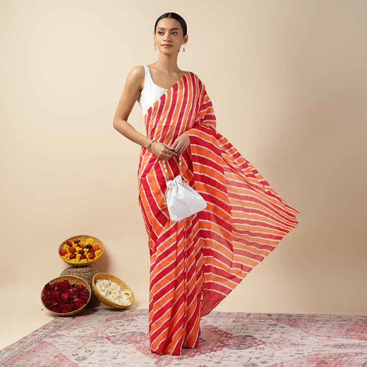 Red Paprika Leheriya Tie-dye Mulmul Cotton saree