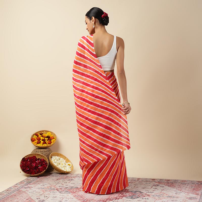 Red Paprika Leheriya Tie-dye Mulmul Cotton saree