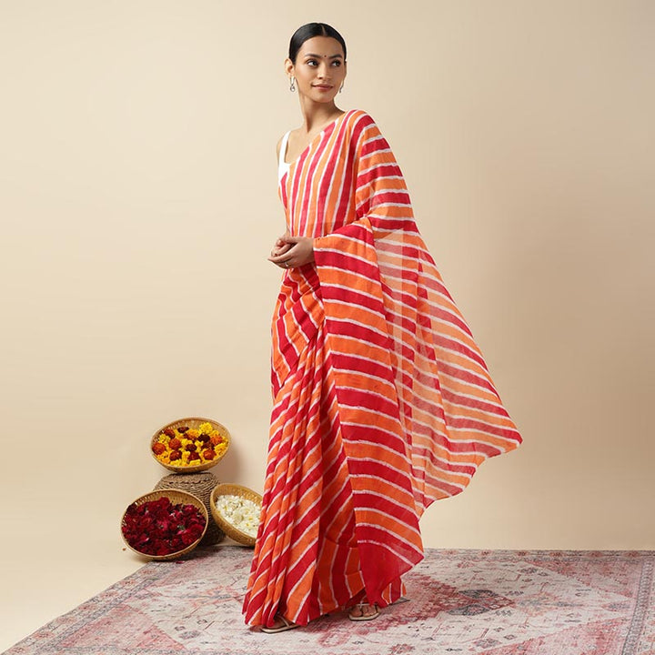 Red Paprika Leheriya Tie-dye Mulmul Cotton saree