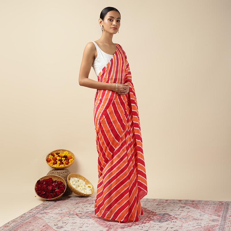 Red Paprika Leheriya Tie-dye Mulmul Cotton saree