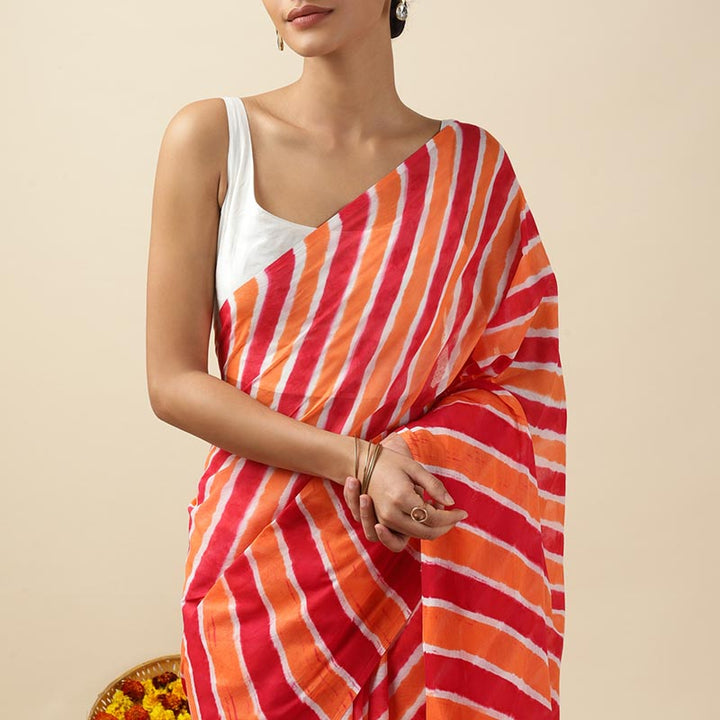 Red Paprika Leheriya Tie-dye Mulmul Cotton saree