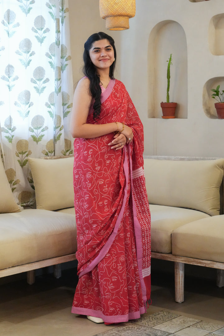 Red Muse Handwoven Mulmul Cotton Printed Saree