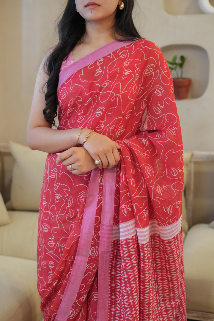 Red Muse Handwoven Mulmul Cotton Printed Saree