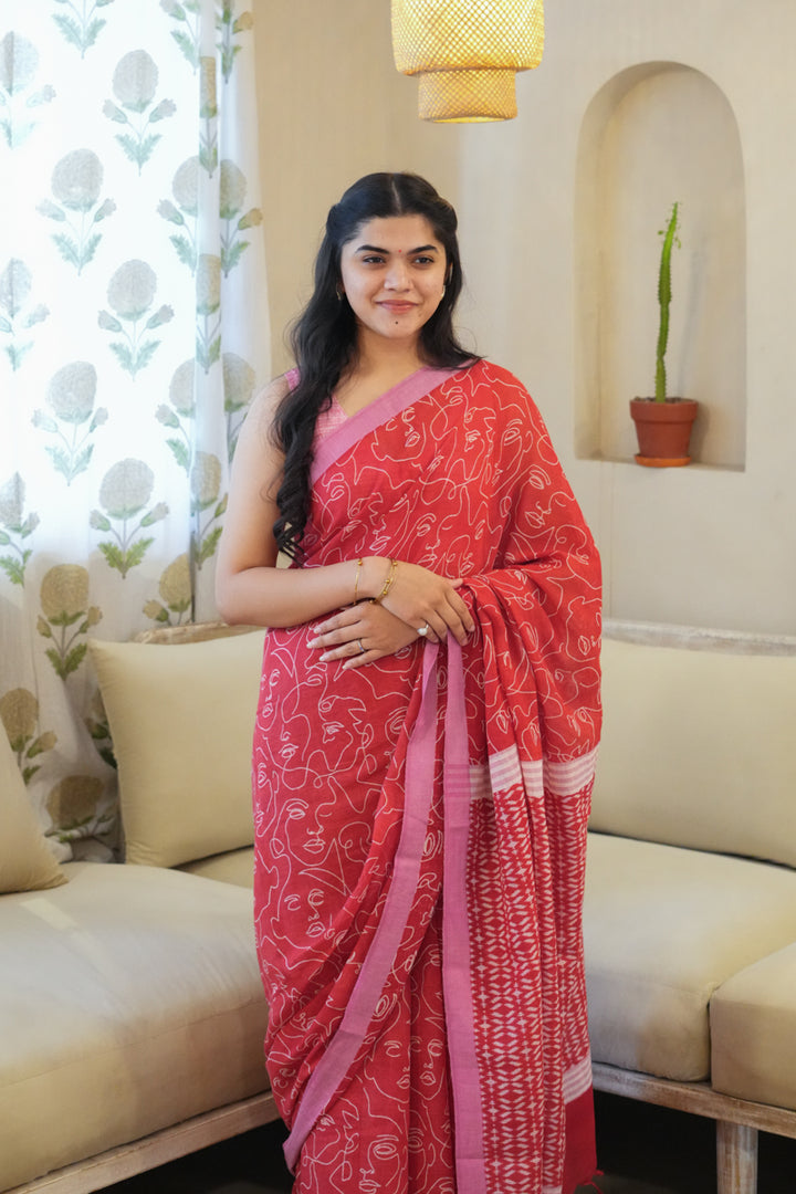 Red Muse Handwoven Mulmul Cotton Printed Saree