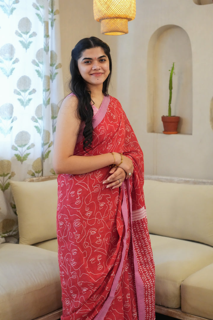 Red Muse Handwoven Mulmul Cotton Printed Saree