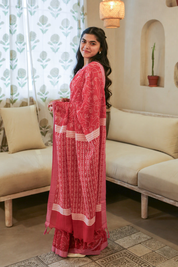 Red Muse Handwoven Mulmul Cotton Printed Saree