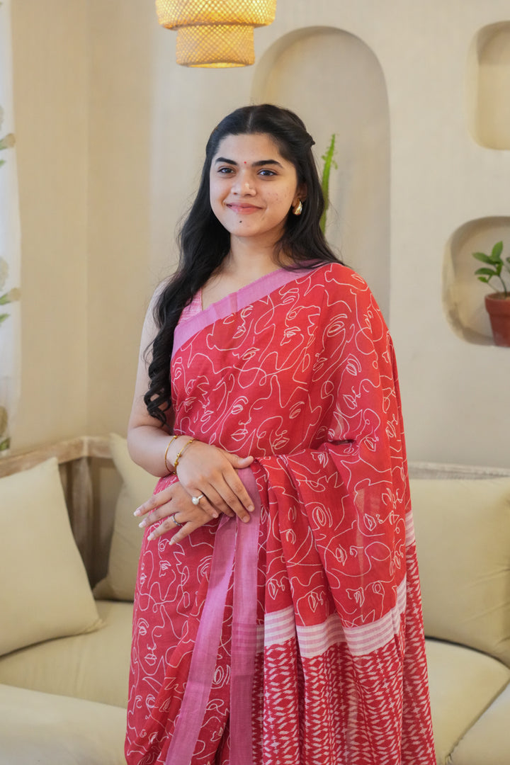 Red Muse Handwoven Mulmul Cotton Printed Saree