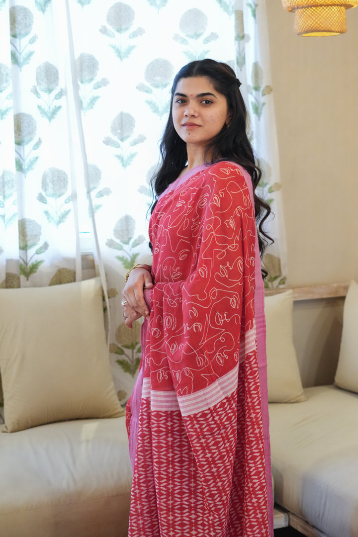 Red Muse Handwoven Mulmul Cotton Printed Saree