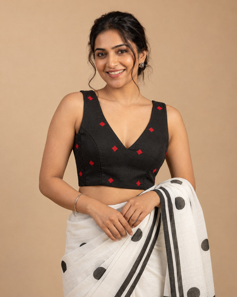 2-in-1 Reversible Stretchable V-Neck Sleeveless Art Silk & Cotton Blouse - Red & Black