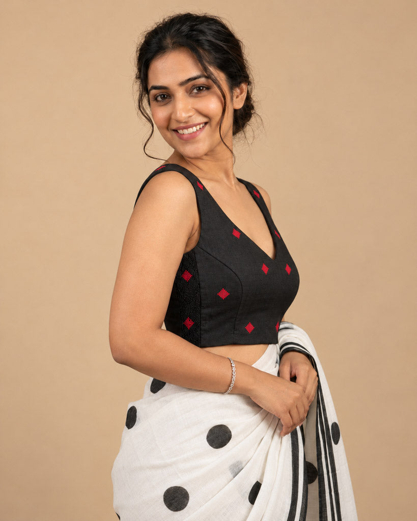 2-in-1 Reversible Stretchable V-Neck Sleeveless Art Silk & Cotton Blouse - Red & Black