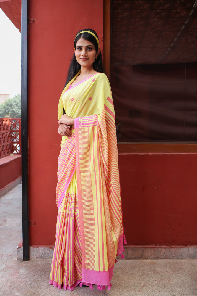 Retro Sunshine Printed Mulmul Cotton Saree