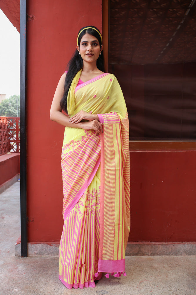 Retro Sunshine Printed Mulmul Cotton Saree