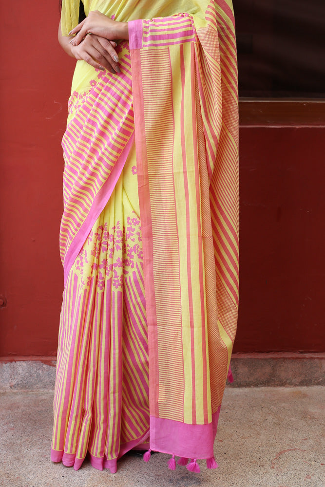 Retro Sunshine Printed Mulmul Cotton Saree
