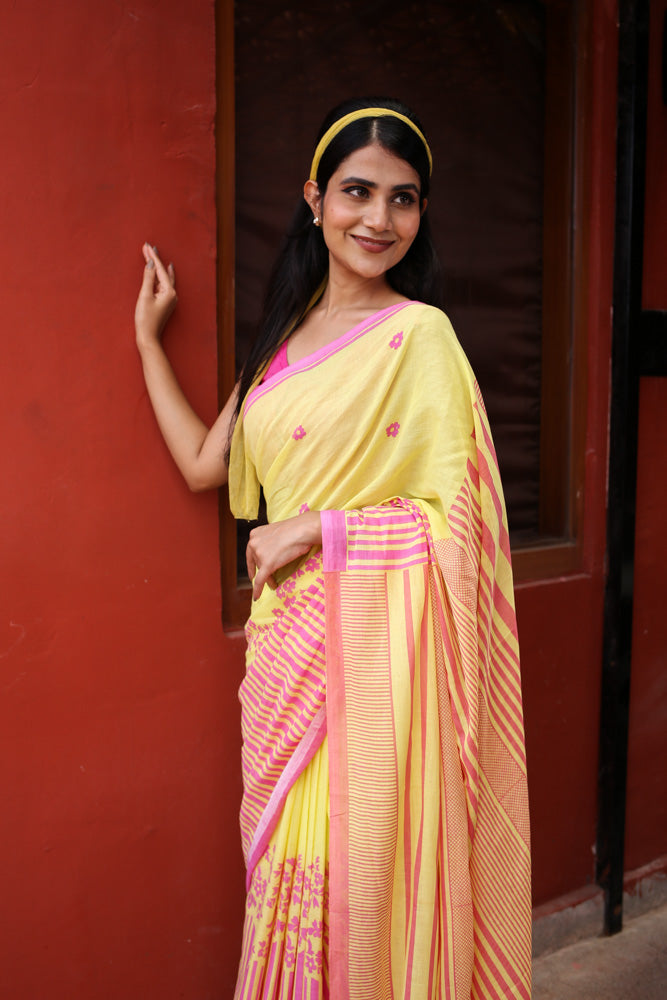 Retro Sunshine Printed Mulmul Cotton Saree