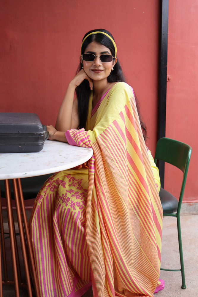 Retro Sunshine Printed Mulmul Cotton Saree