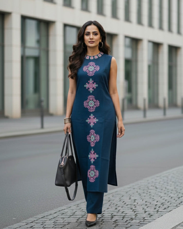 Riya Cotton Pant and Kurta Set with Floral Embroidery