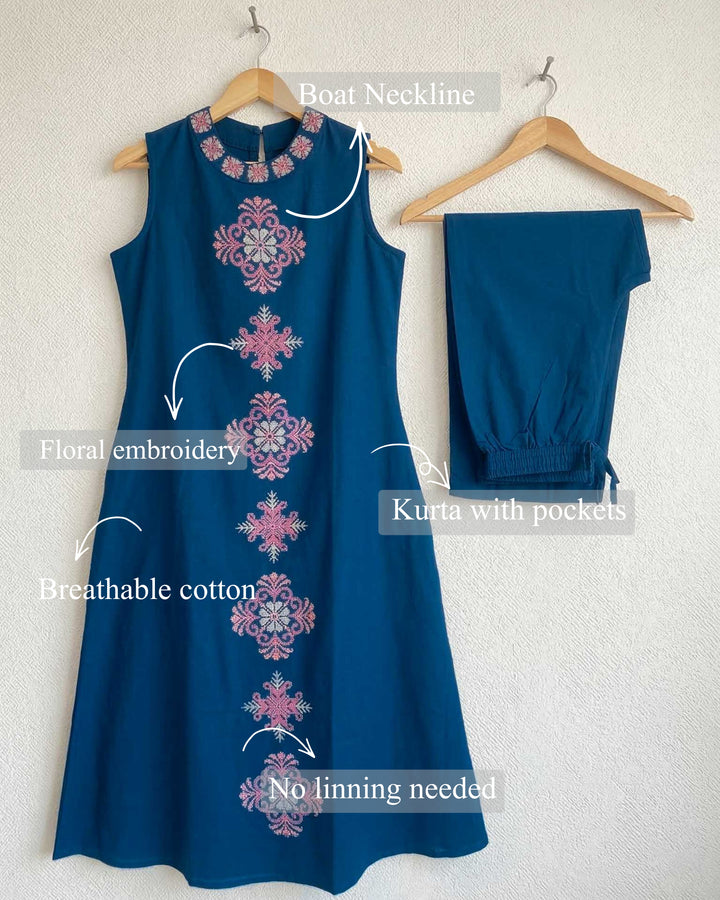 Riya Cotton Pant and Kurta Set with Floral Embroidery