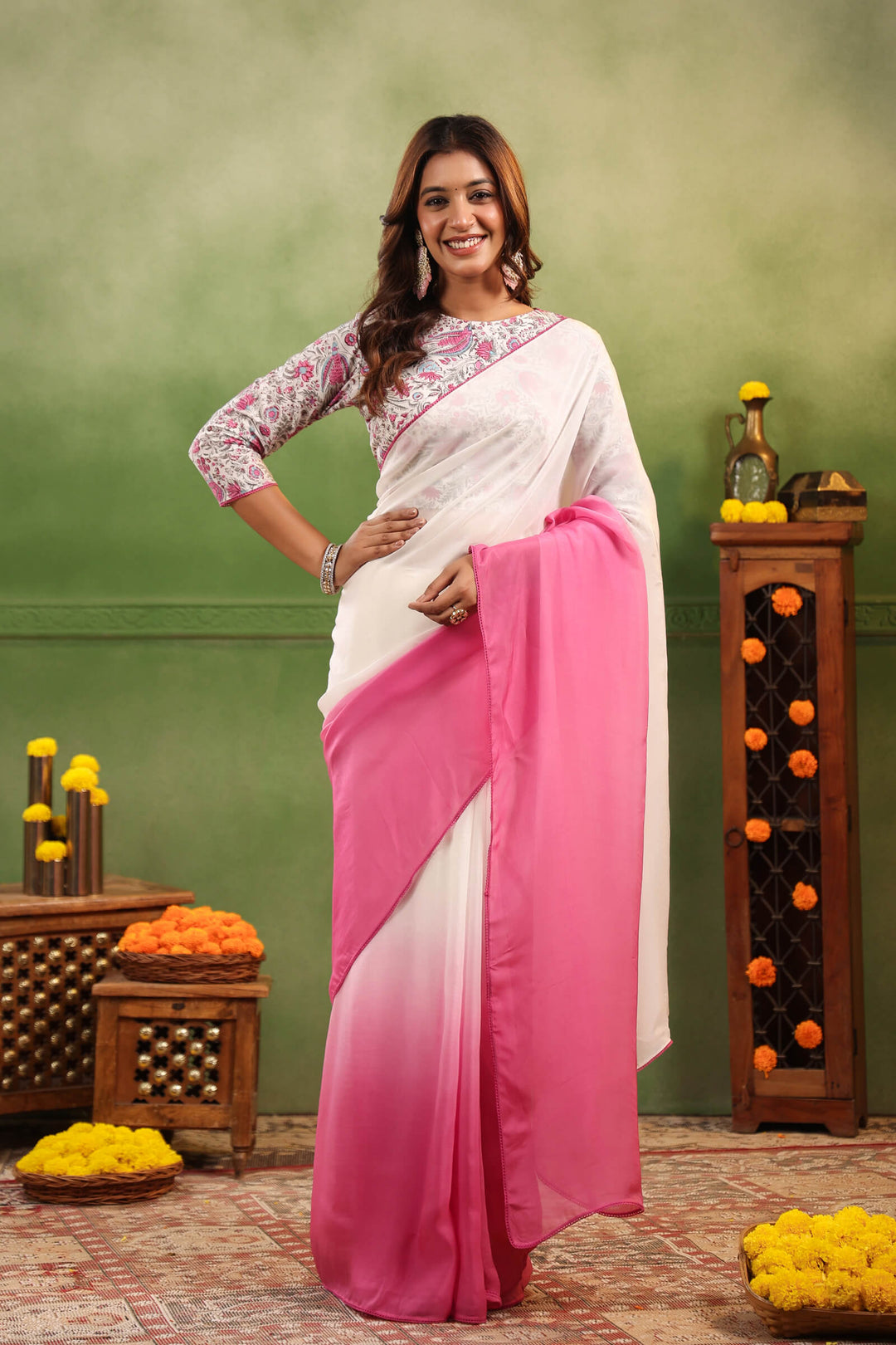 Rosy Pink Ombre Organza Saree with Printed Blouse Fabric