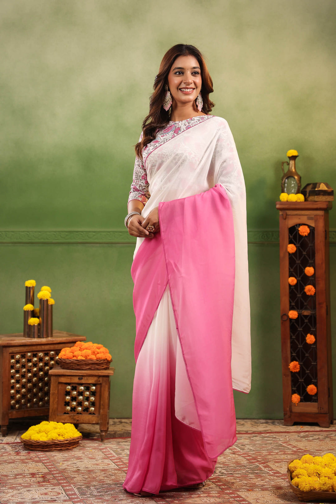 Rosy Pink Ombre Organza Saree with Printed Blouse Fabric