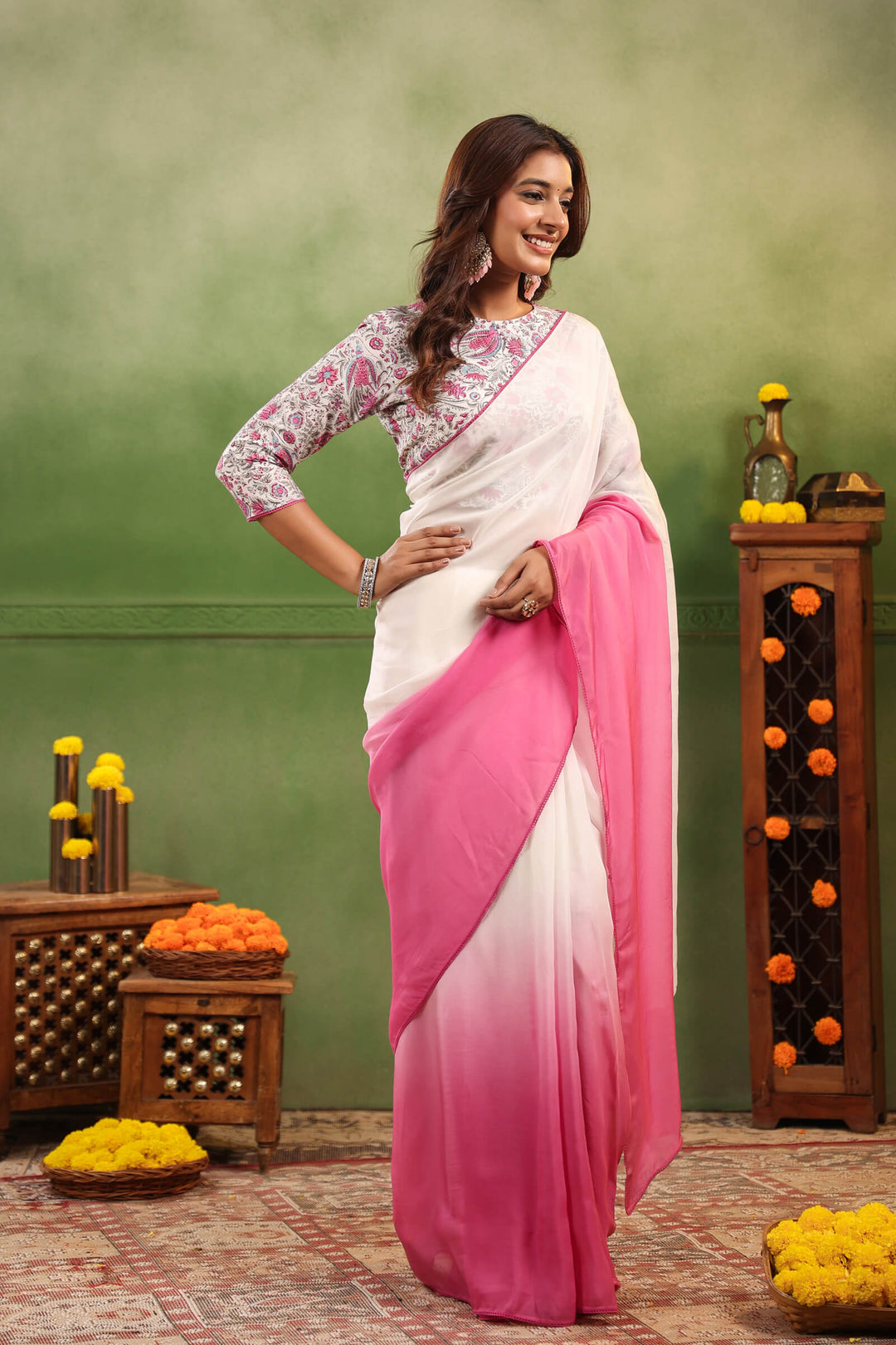 Rosy Pink Ombre Organza Saree with Printed Blouse Fabric