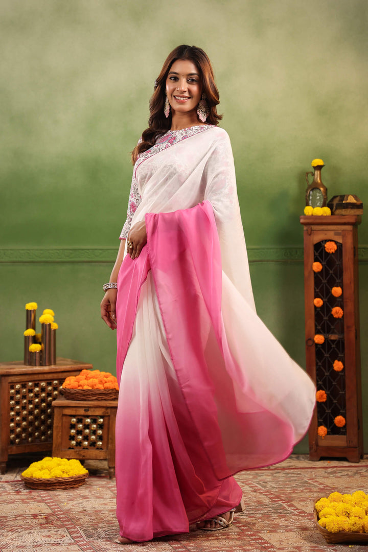 Rosy Pink Ombre Organza Saree with Printed Blouse Fabric