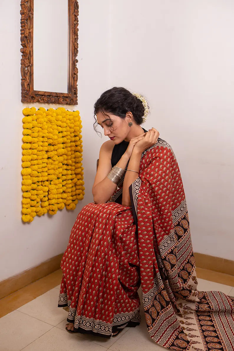 Ruby Red - Hand Block Print Mulmul Cotton Bagru Saree