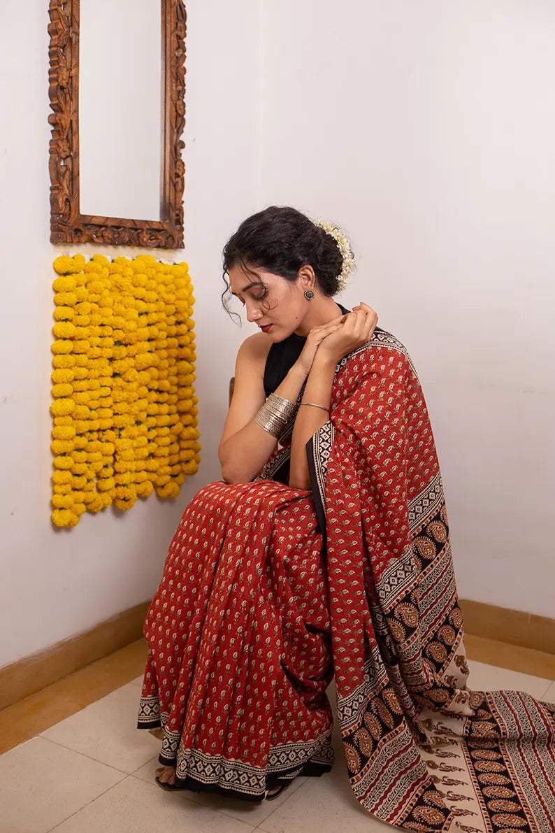 Ruby red - Mulmul Cotton Pre-stitched Ready to Wear Saree with Pocket