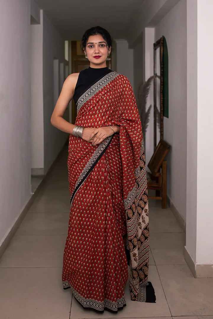 Ruby Red - Hand Block Print Mulmul Cotton Bagru Saree